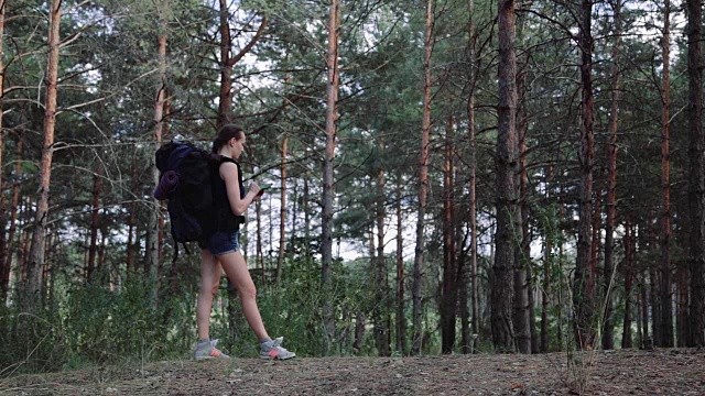 一名女子背着背包，在美丽的原始森林里使用智能手机上的导航应用，然后离开。旅游的概念视频素材