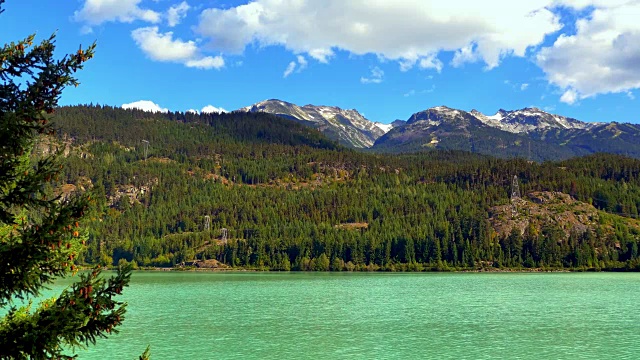 青山湖，森林山坡，蓝天背景，绿松石水视频素材