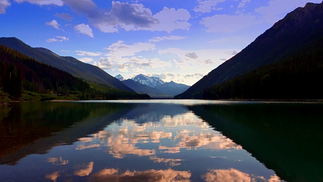 山湖景观，彩色的反射和剪影日落视频素材