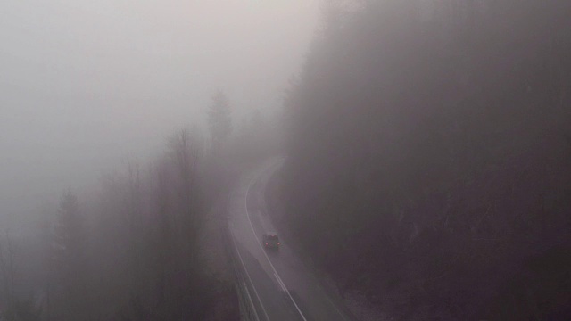 在黑暗多雾的冬天，汽车在危险的森林道路上超速行驶视频素材