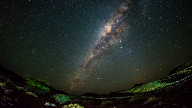 纳米比亚纳米布沙漠外的星空和明亮的银河的明显旋转。时间流逝的视频。视频素材