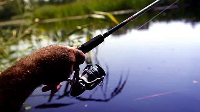 夏天，一名男子在美丽的湖边钓鱼，他在勺饵上旋转着线圈视频素材