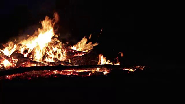 在森林里，树枝上的篝火在夜晚燃烧视频素材