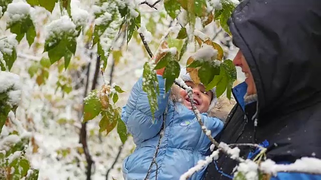 男孩和孩子在玩一根白雪覆盖的树枝视频素材