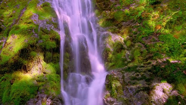 中景时间流逝瀑布下绿色山坡/奥林匹克半岛，华盛顿视频素材