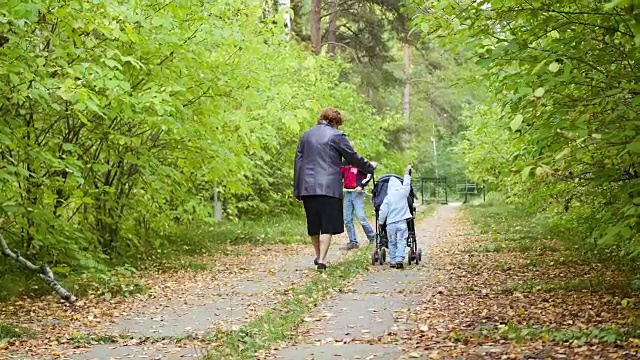 奶奶和孙子们在公园里散步视频素材