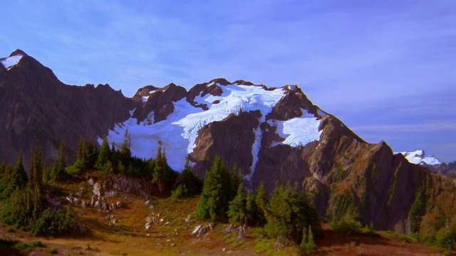 从空中俯瞰山脊和树木朝向雪山的背景/奥林匹克半岛，华盛顿视频素材