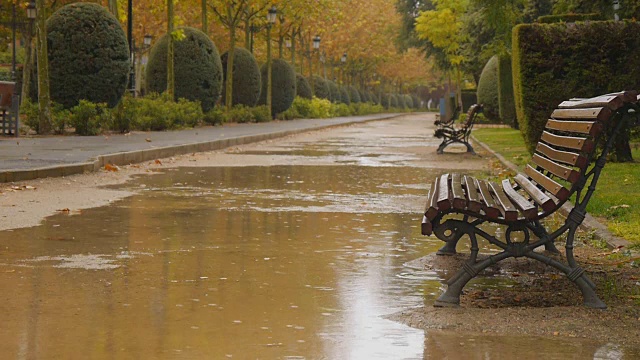 雨点落在水坑与长凳散步视频素材