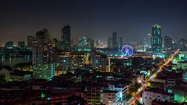 泰国夜晚曼谷屋顶顶部城市飞行全景4k时间推移视频素材