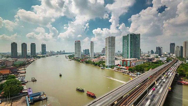 泰国晴朗的天空云彩屋顶曼谷河交通全景4k时间推移视频素材