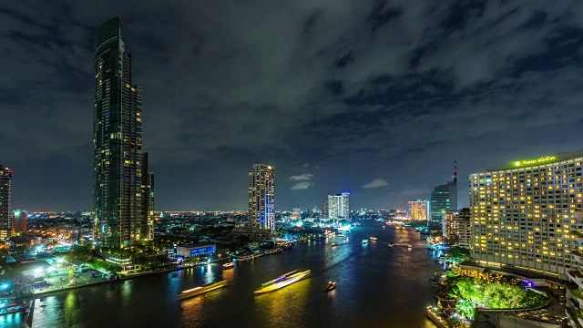 泰国夜曼谷主要河流交通酒店海湾全景4k时间推移视频素材