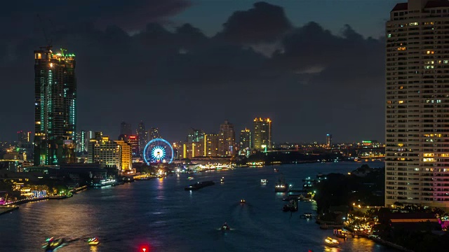 泰国曼谷夜间河流交通传单湾全景4k时间推移视频素材