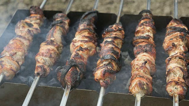 用烤肉串在烤架上烤猪肉串视频素材