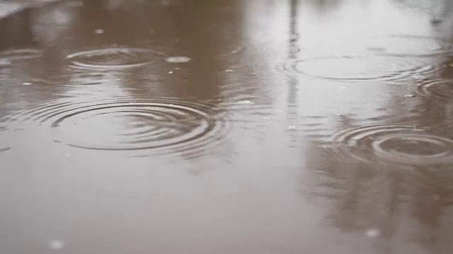 水坑里的雨点溅起秋天蓝色的自然阴沉沉的视频素材