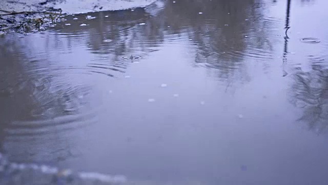 水坑里的雨滴溅起秋天的自然阴蓝忧郁视频素材