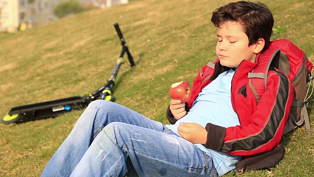 一个小男孩在户外吃红苹果的肖像视频素材