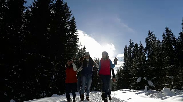 人们群雪林快乐微笑的年轻人朋友在户外冬季松林跑步视频素材