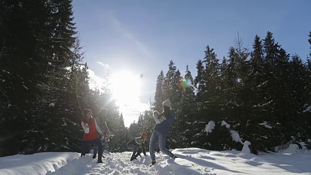 人们聚集在雪林的年轻朋友们在冬天的松林里玩雪球视频素材