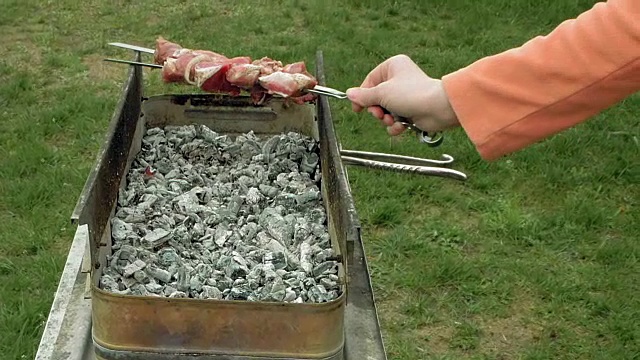 女孩把烤肉串和肉放在火盆上视频素材