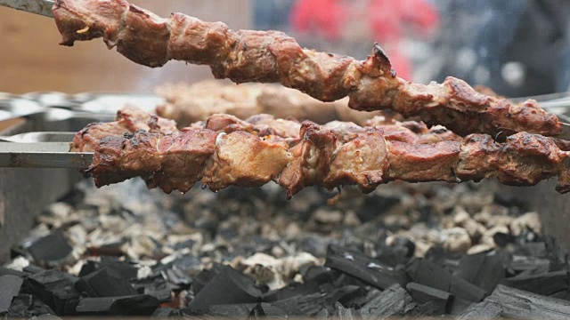 用金属串在炭火上烤猪肉视频素材