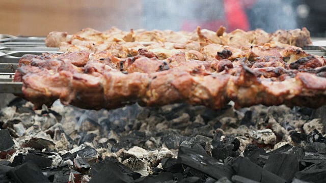 用金属串在炭火上烤猪肉串视频素材