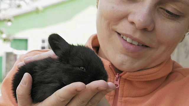 女孩抱着小黑兔宝宝，并抚摸它视频素材