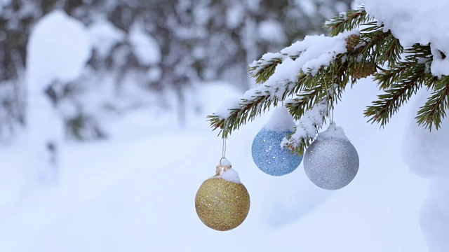 雪云杉枝和三个圣诞球视频素材