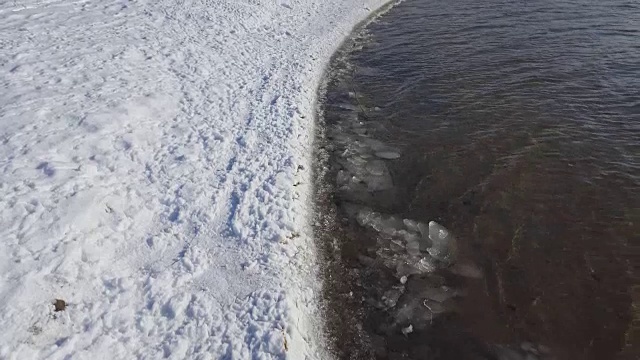 雪后河边有鸟的踪迹。视频素材