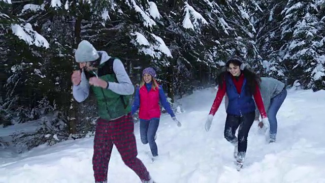 亚洲女人冬季雪森林散步快乐微笑的年轻女孩在雪山公园视频下载