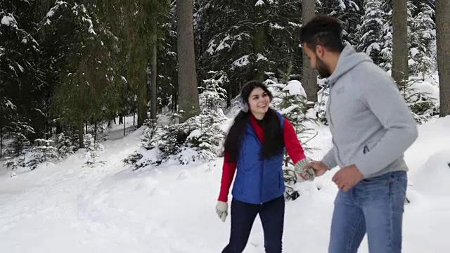 一群人在冰雪森林里散步微笑的朋友在冰雪公园里聊天视频素材