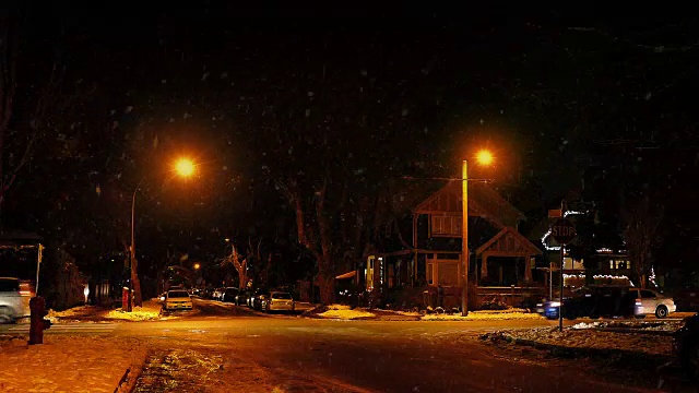 下雪的夜晚，汽车经过房屋视频素材