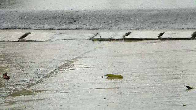 雨点溅落在柏油路上。视频素材