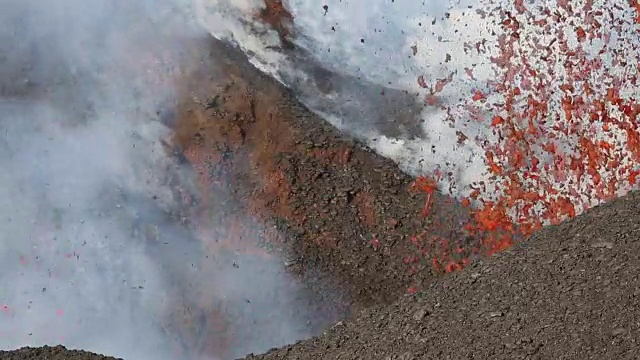 堪察加:喷发活火山-从火山口喷出:熔岩，气体，蒸汽，火山灰视频下载