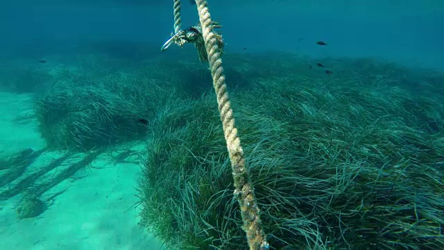 船的旧锚和锚链在希腊海底视频素材