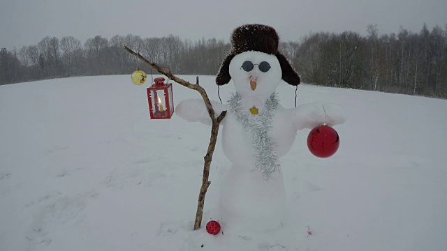 雪人在冬日的田野里，时光流逝视频素材