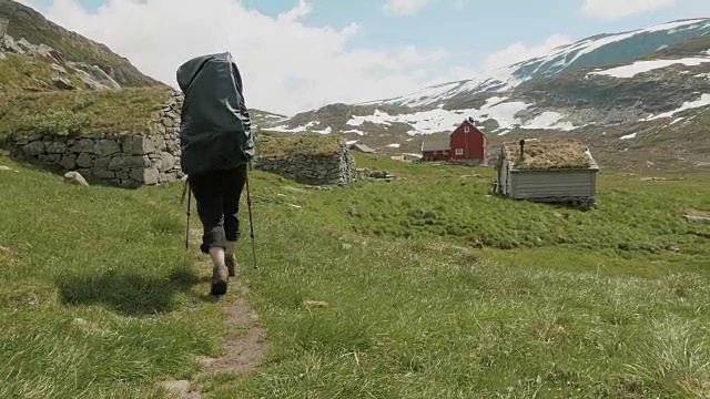 往村子里走。挪威，屋顶上的草视频素材