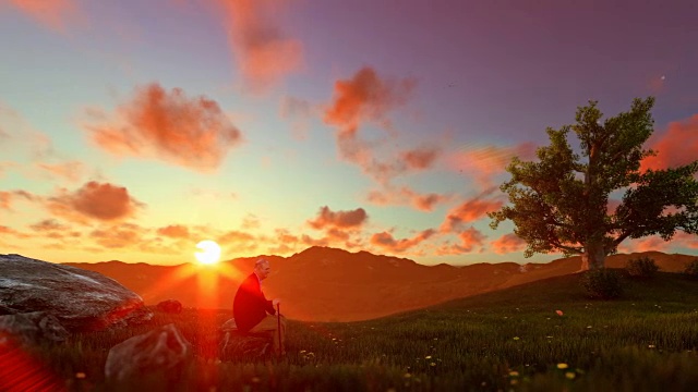 夕阳西下，祖父坐在绿色的草地上，用平底锅淘洗视频素材