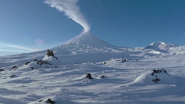 冬季喷发的喀柳切夫斯卡娅索普卡-活跃的堪察加半岛成层火山视频素材