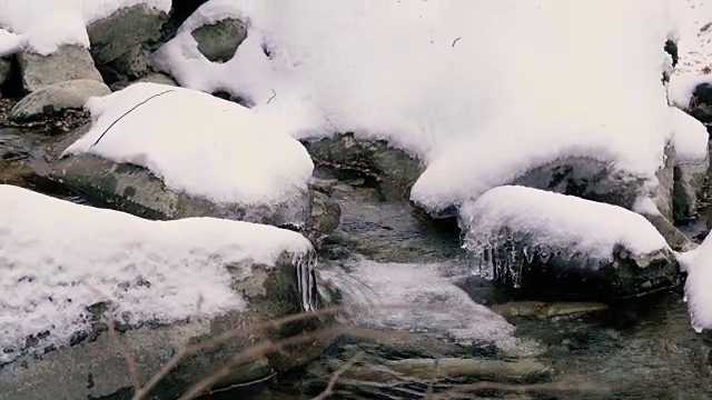 雪野景观和冬天的小溪视频素材