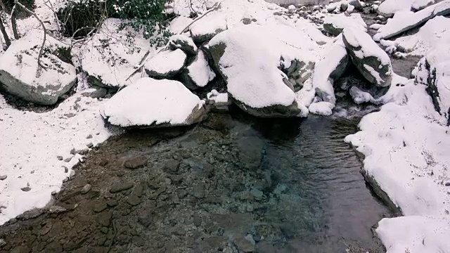 雪野景观和冬天的小溪视频素材