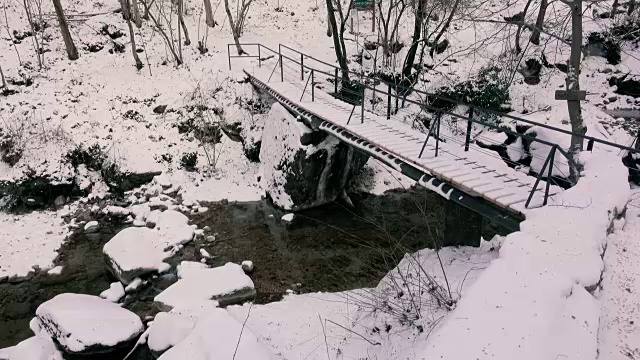 雪野景观溪和桥在冬天视频素材