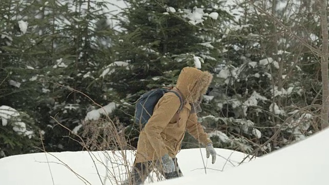 在冬季的暴风雪中徒步旅行视频素材