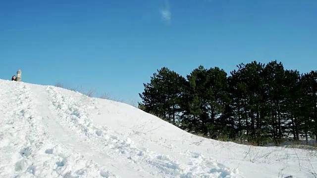 快乐的女孩坐在雪橇上自拍照片，冬天疯狂的照片，女人在雪橇下降期间手里拿着手机视频素材