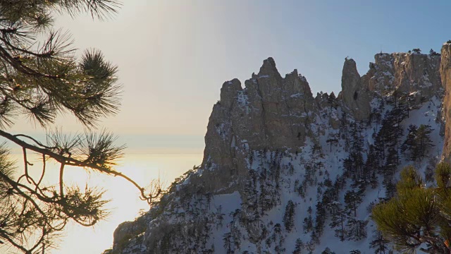 岩石在雪。岩石中间长着松树视频素材