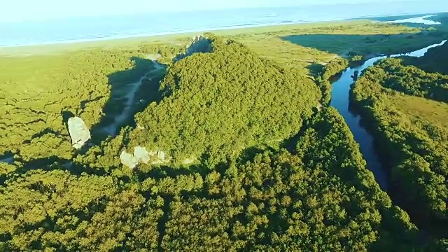 鸟瞰图。在岩石上飞过一片美丽的森林。海面上的日出。视频素材