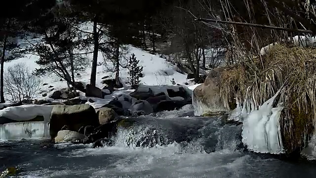 小瀑布是冬季山区河流的天气。视频素材