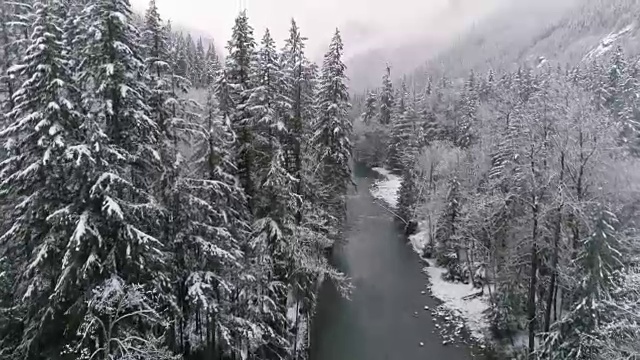 空中潘史诗般的冬季景观雪山森林与雪花落在冰冷的河流视频素材