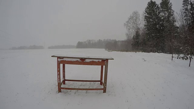 雪和旧木雪落红表，时光流逝视频素材