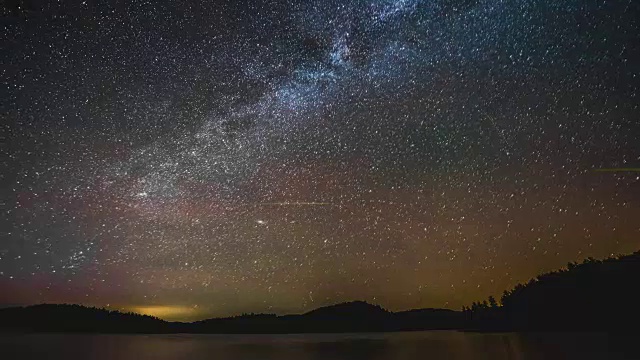 夏日夜晚，湖面和岛屿上空银河的流逝视频下载