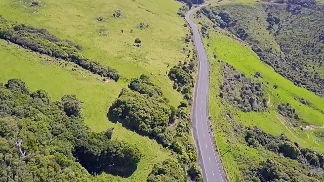 新西兰南岛的绿色山丘和公路鸟瞰图视频素材